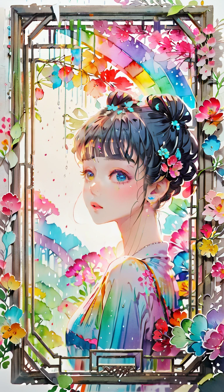 (((paper cutting style))), (frame of illustration is 3D paper cutting: 1.2), (random fashion), (random angle), (random hairstyle), (random hair color), (random hair length), 1 girl, rainbow, rain, unclear