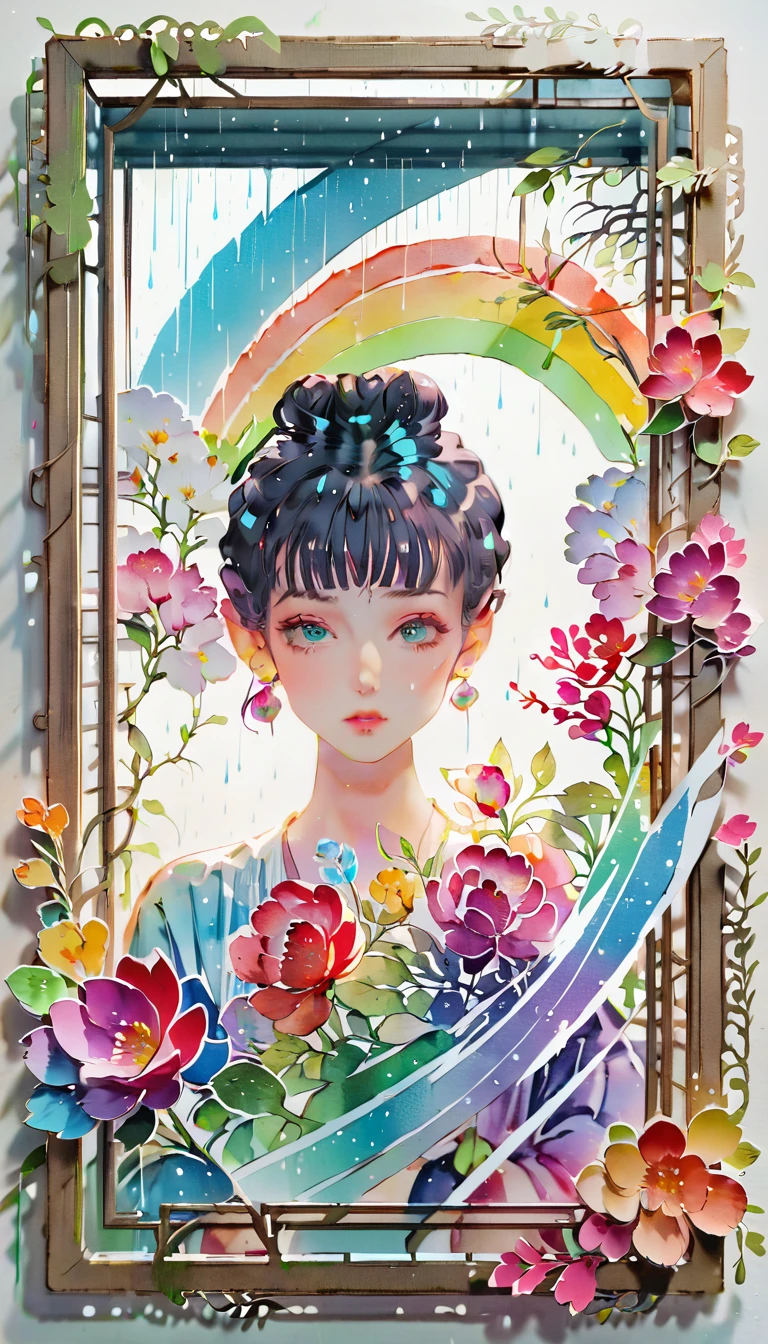 (((paper cutting style))), (frame of illustration is 3D paper cutting: 1.2), (random fashion), (random angle), (random hairstyle), (random hair color), (random hair length), 1 girl, rainbow, rain, unclear