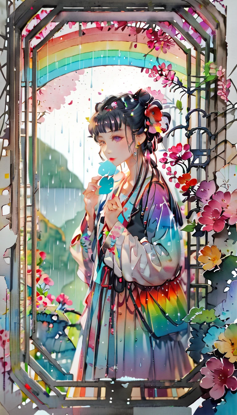 (((paper cutting style))), (frame of illustration is 3D paper cutting: 1.2), (random fashion), (random angle), (random hairstyle), (random hair color), (random hair length), 1 girl, rainbow, rain, unclear