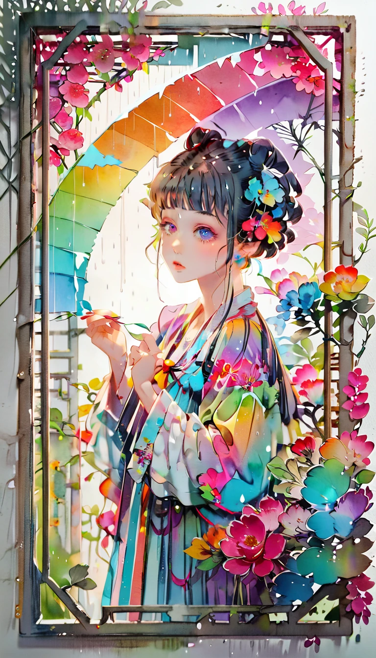 (((paper cutting style))), (frame of illustration is 3D paper cutting: 1.2), (random fashion), (random angle), (random hairstyle), (random hair color), (random hair length), 1 girl, rainbow, rain, unclear