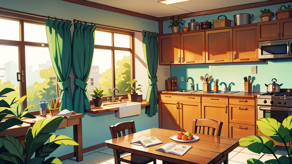 There is a kitchen, bright sunny, some plants, non-center table, four chairs