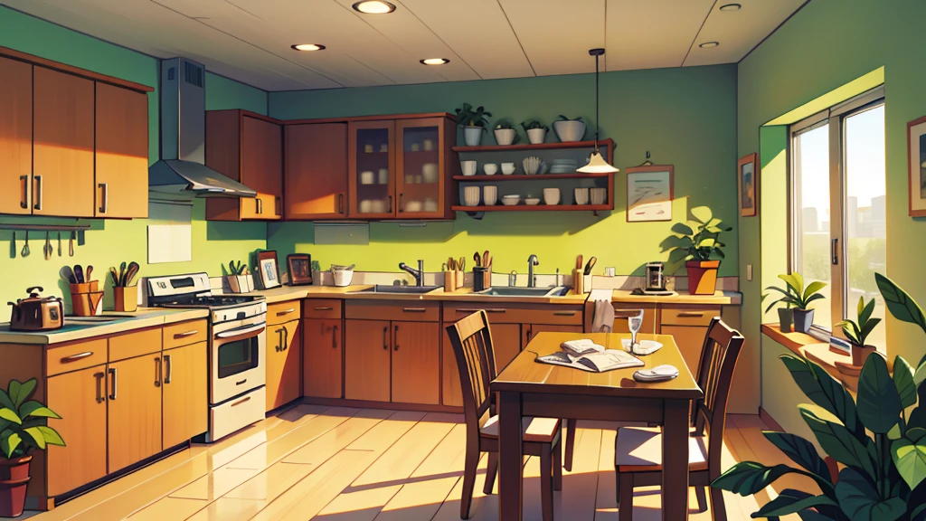 There is a kitchen, bright sunny, some plants, non-center table, four chairs