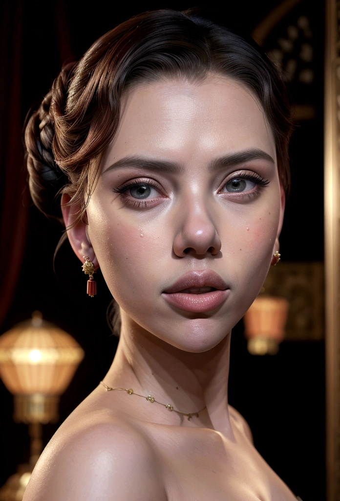 a woman (Scarlett Johansson Age 25), wearing an ornate cheongsam dress, detailed facial features, beautiful eyes, expressive lips, long eyelashes,beautiful skin,elegant hairstyle,feudal china setting,merchant family manor,greeting imperial emissaries,dramatic lighting,rich color palette,cinematic composition,intricate architectural details,opulent decor,stunning visual impact,(best quality,8k,highres,masterpiece:1.2),ultra-detailed,(realistic,photorealistic,photo-realistic:1.37),cinematic,dramatic,intricate,ornate,elegant,atmospheric,moody,rich colors