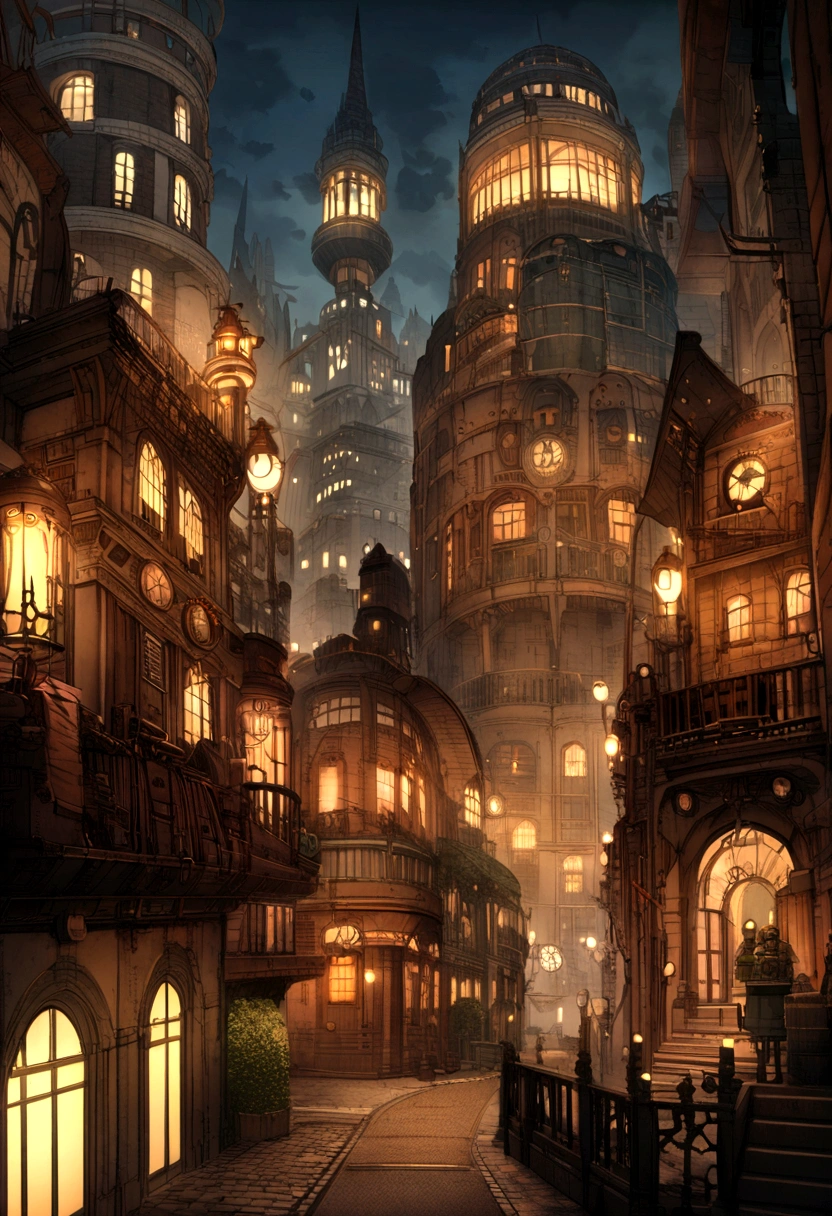 Steampunk City, Steampunk atmosphere, Steampunk technology, Steampunk landscape, steampunk building, Steampunk street, Steampunk Style, 8K, High resolution, Extremely detailed images, high quality、Night view