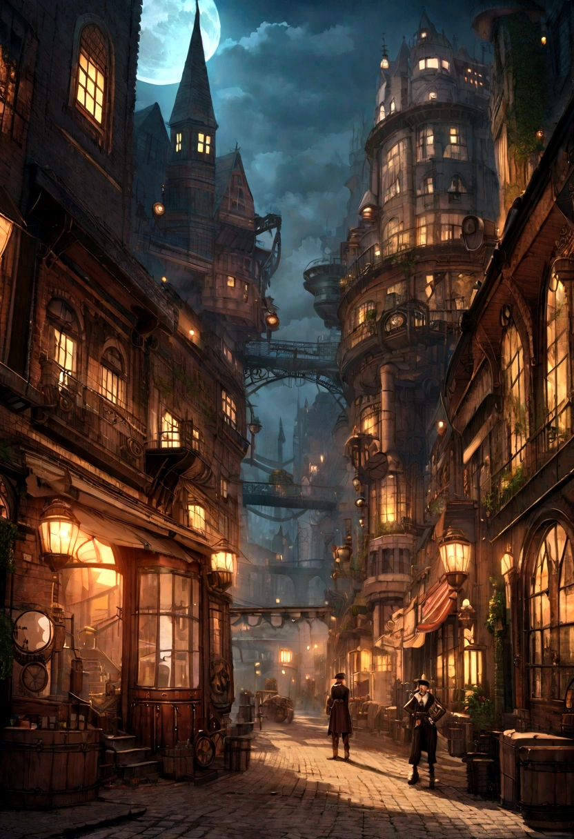 Steampunk City, Steampunk atmosphere, Steampunk technology, Steampunk landscape, steampunk building, Steampunk street, Steampunk Style, 8K, High resolution, Extremely detailed images, high quality、Night view