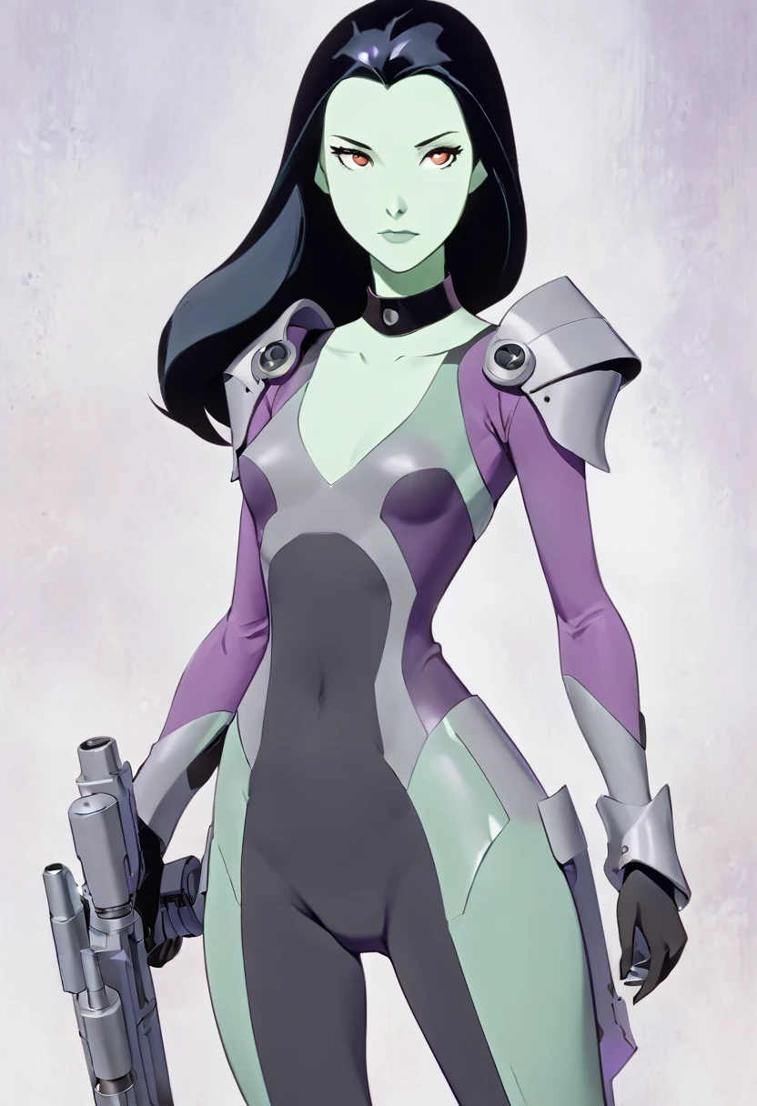 cartoon thin woman, long neck, long black hair, flat chest,pale green skin, wearing a v-neck collar purple sci-fi body suit with thick armor covering the doing and shoulders. she is armed with an arm cannon, on her suit by her waist are some small gray circles 