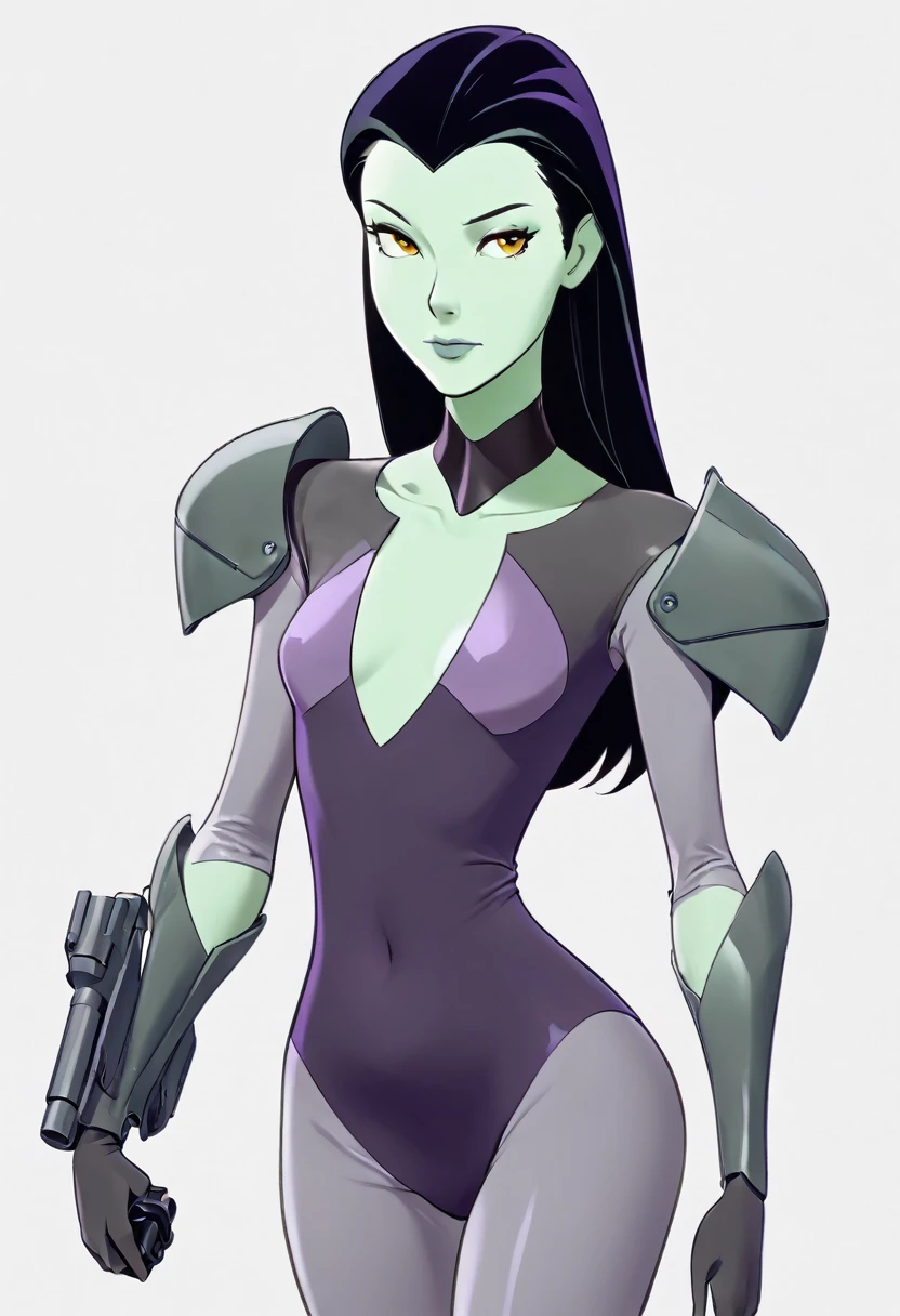 cartoon thin woman, long neck, long black hair, flat chest,pale green skin, wearing a v-neck collar purple sci-fi body suit with thick armor covering the doing and shoulders. she is armed with an arm cannon, on her suit by her waist are some small gray circles