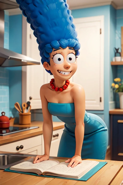 margesimpson, black eyes, yellow skin, afro, big blue hair, pearl necklace,strapless green dress, looking at viewer, serious, evil grin, leaning forward, on table, inside cozy kitchen, from_below, soft lighting, high quality, masterpiece,  