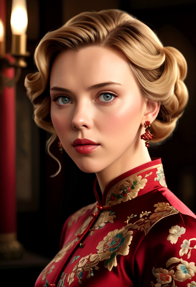 a woman (Scarlett Johansson Age 25), wearing an ornate cheongsam dress, detailed facial features, beautiful eyes, expressive lips, long eyelashes,beautiful skin,elegant hairstyle,feudal china setting,merchant family manor,greeting imperial emissaries,dramatic lighting,rich color palette,cinematic composition,intricate architectural details,opulent decor,stunning visual impact,(best quality,8k,highres,masterpiece:1.2),ultra-detailed,(realistic,photorealistic,photo-realistic:1.37),cinematic,dramatic,intricate,ornate,elegant,atmospheric,moody,rich colors