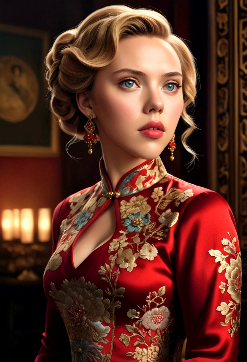 a woman (Scarlett Johansson Age 25), wearing an ornate cheongsam dress, detailed facial features, beautiful eyes, expressive lips, long eyelashes,beautiful skin,elegant hairstyle,feudal china setting,merchant family manor,greeting imperial emissaries,dramatic lighting,rich color palette,cinematic composition,intricate architectural details,opulent decor,stunning visual impact,(best quality,8k,highres,masterpiece:1.2),ultra-detailed,(realistic,photorealistic,photo-realistic:1.37),cinematic,dramatic,intricate,ornate,elegant,atmospheric,moody,rich colors