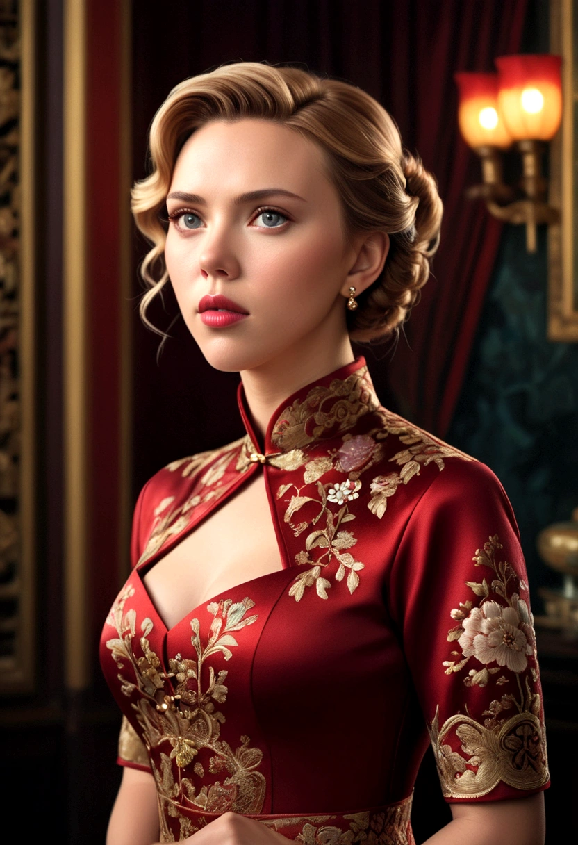 a woman (Scarlett Johansson Age 25), wearing an ornate cheongsam dress, detailed facial features, beautiful eyes, expressive lips, long eyelashes,beautiful skin,elegant hairstyle,feudal china setting,merchant family manor,greeting imperial emissaries,dramatic lighting,rich color palette,cinematic composition,intricate architectural details,opulent decor,stunning visual impact,(best quality,8k,highres,masterpiece:1.2),ultra-detailed,(realistic,photorealistic,photo-realistic:1.37),cinematic,dramatic,intricate,ornate,elegant,atmospheric,moody,rich colors