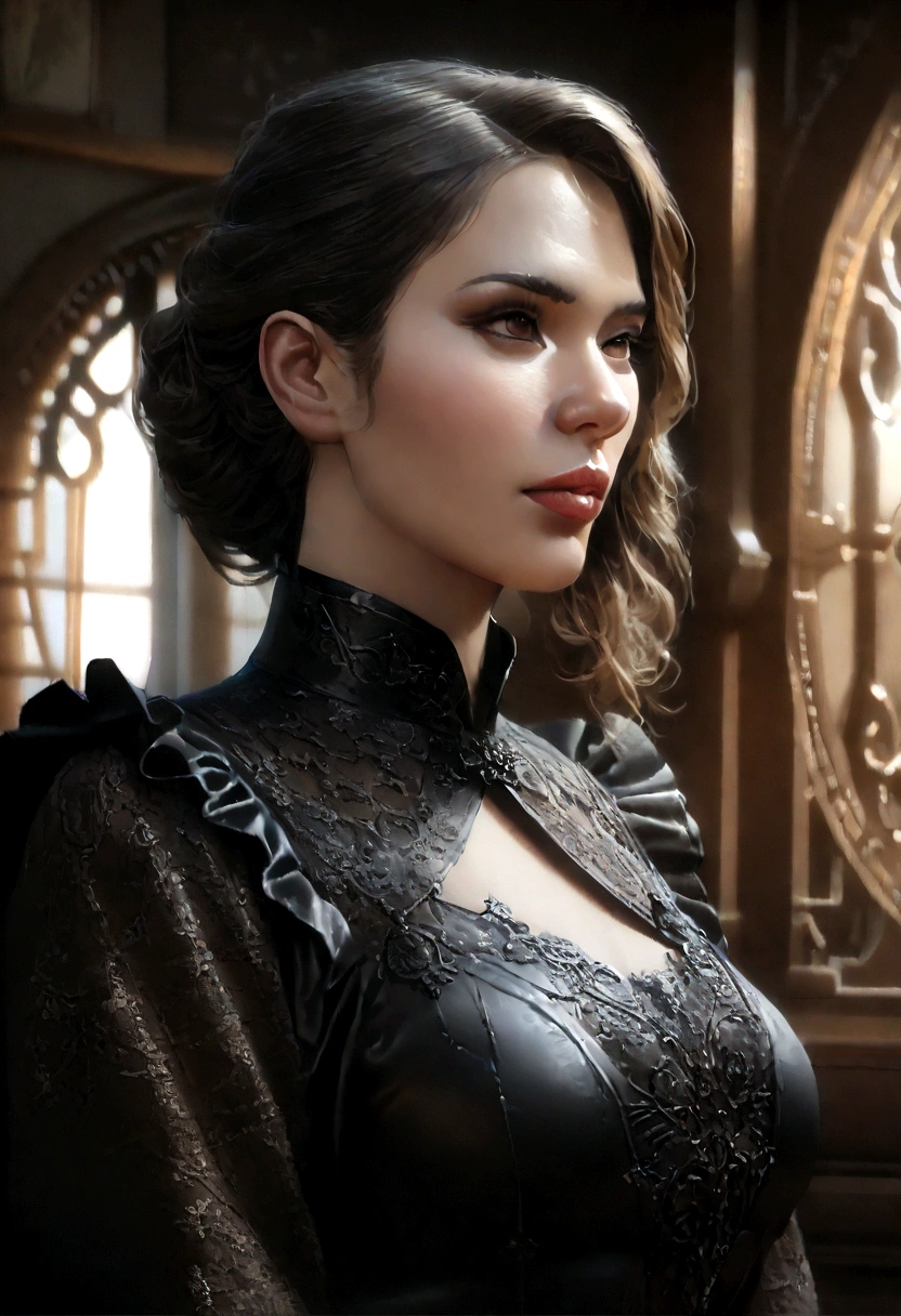 a woman (Scarlett Johansson Age 25), wearing an ornate cheongsam dress, detailed facial features, beautiful eyes, expressive lips, long eyelashes,beautiful skin,elegant hairstyle,feudal china setting,merchant family manor,greeting imperial emissaries,dramatic lighting,rich color palette,cinematic composition,intricate architectural details,opulent decor,stunning visual impact,(best quality,8k,highres,masterpiece:1.2),ultra-detailed,(realistic,photorealistic,photo-realistic:1.37),cinematic,dramatic,intricate,ornate,elegant,atmospheric,moody,rich colors
