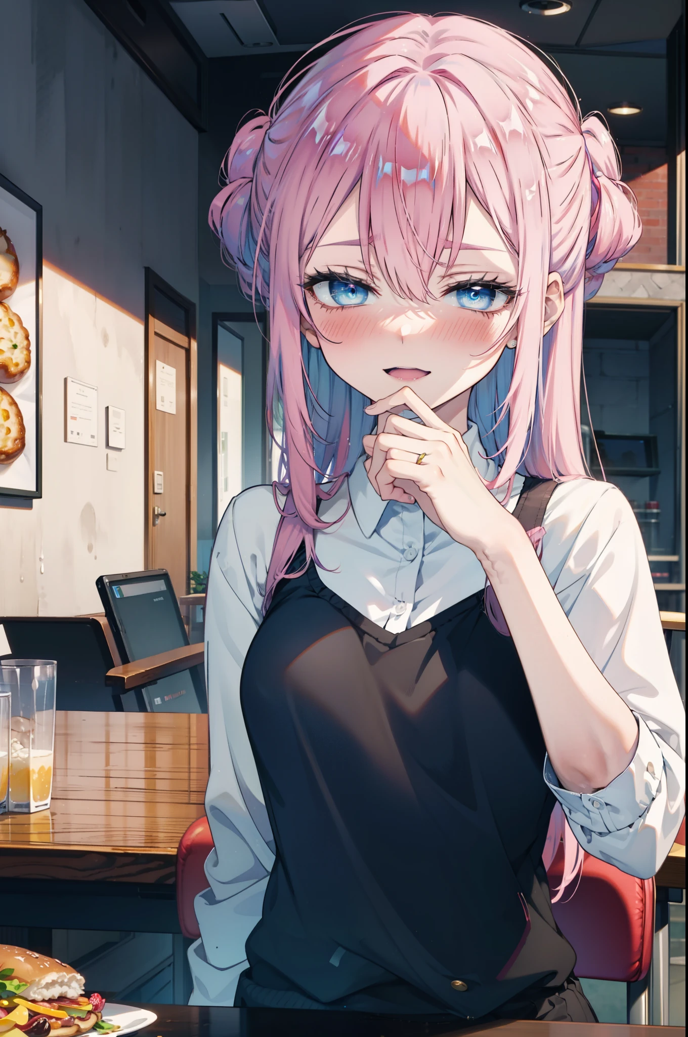 miyakoshikimori, miyako shikimori, Long Hair, blue eyes, Hair between the eyes, Pink Hair,ribbon, red ribbon,blush,smile,Open your mouth,Squint your eyes,black tank top shirt,Shorts,Sitting in a chair,There is food on the table,So that the whole body goes into the illustration,Resting one's chin on one's hand,
break looking at viewer,
break indoors, room,
break (masterpiece:1.2), Highest quality, High resolution, unity 8k wallpaper, (figure:0.8), (Beautiful attention to detail:1.6), Highly detailed face, Perfect lighting, Highly detailed CG, (Perfect hands, Perfect Anatomy),