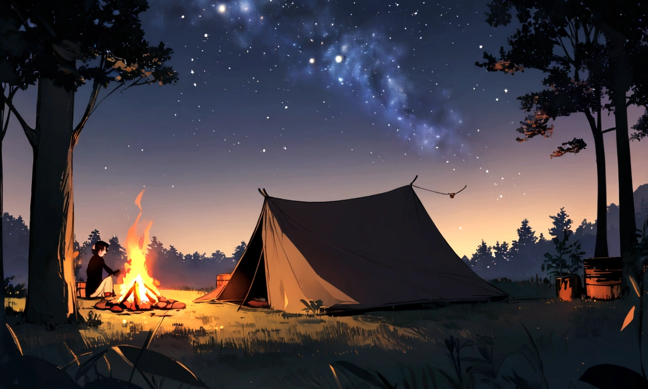 ((((masterpiece, Highest quality, High resolution)))), High detail,Extremely detailed 8K, manga,anime,Illustration Style,Use of bright colors,Ghibli Studio, Game fantasy world view,RPG World,Deep woods, No humans, Game Background, camp,bonfire,Lots of trees々,1 simple tent,Night Forest,There is no one here,中央に赤く明るいbonfire,Beautiful starry sky,Warm atmosphere,Gentle use of colors,Night Forestでのcamp,bonfireには鍋がかけられている,Evidence of cooking,Calm Night,Peaceful Forest.