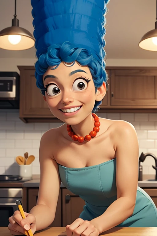 margesimpson, black eyes, yellow skin, afro, big blue hair, pearl necklace,strapless green dress, looking at viewer, serious, evil grin, leaning forward, on table, inside cozy kitchen, from_below, soft lighting, high quality, masterpiece,  