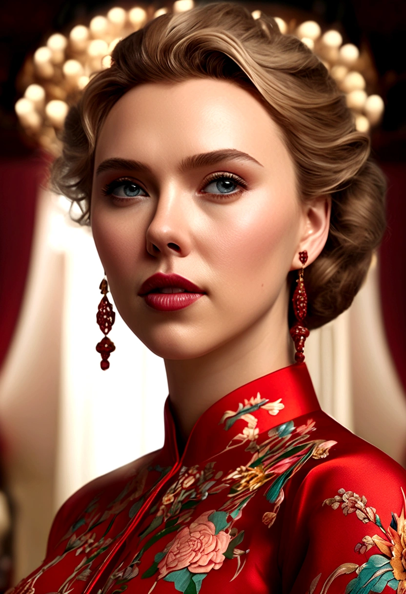 a woman (Scarlett Johansson Age 25), wearing an ornate cheongsam dress, detailed facial features, beautiful eyes, expressive lips, long eyelashes,beautiful skin,elegant hairstyle,feudal china setting,merchant family manor,greeting imperial emissaries,dramatic lighting,rich color palette,cinematic composition,intricate architectural details,opulent decor,stunning visual impact,(best quality,8k,highres,masterpiece:1.2),ultra-detailed,(realistic,photorealistic,photo-realistic:1.37),cinematic,dramatic,intricate,ornate,elegant,atmospheric,moody,rich colors
