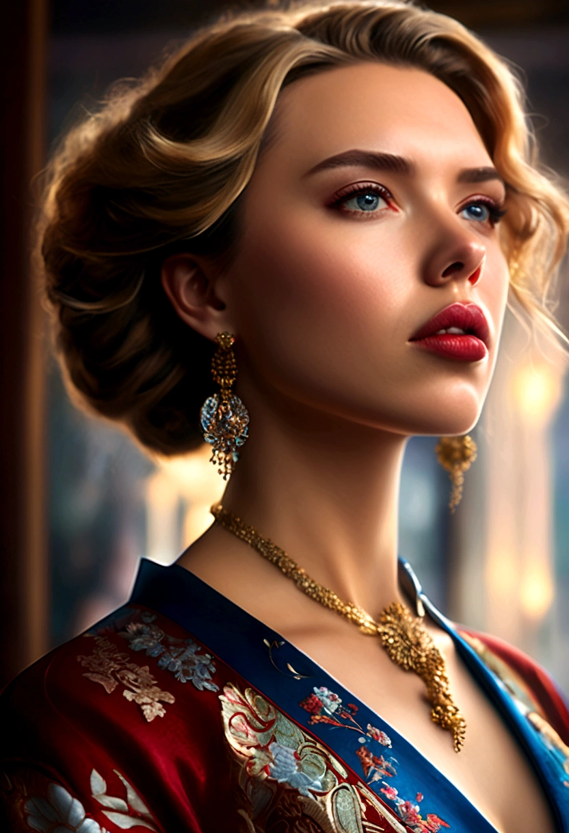 a woman (Scarlett Johansson Age 25), wearing an ornate cheongsam dress, detailed facial features, beautiful eyes, expressive lips, long eyelashes,beautiful skin,elegant hairstyle,feudal china setting,merchant family manor,greeting imperial emissaries,dramatic lighting,rich color palette,cinematic composition,intricate architectural details,opulent decor,stunning visual impact,(best quality,8k,highres,masterpiece:1.2),ultra-detailed,(realistic,photorealistic,photo-realistic:1.37),cinematic,dramatic,intricate,ornate,elegant,atmospheric,moody,rich colors
