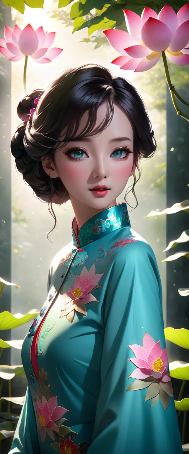 plano general, whole body, ((a detailed beautiful girl with Cheongsam in Cantonese, in profile with a lotus flower in his hands:1.3, It is a type of female dress of Manchu origin used in China, beautiful colors., pink cyan, green:1.5)), detailed eyes, detailed face, long eyelashes, detailed hair and updo elegant and beautiful dressed elegantly, standing under a tree, sunlight splashing on the leaves, vibrant colors, photorealistic, 8K, high quality, cinematic lighting, portrait, (Best Quality,4k,8K,high resolution,masterpiece:1.2),ultra detailed,sharp focus, Very detailed face,extremely detailed facial features,hyper realista skin texture,extremely fine details,intricate details,detailed eyes,Detailed nose,detailed lips,Detailed facial expressions,intricate facial anatomy,intense lighting, dramatic lighting,Changing lighting,cinematic lighting,chiaroscuro lighting,dramatic shadows,dramatic moments,vivid colors,intense colours,Deep contrast,cinematic depth of field,cinematographic composition,cinematic camera angle