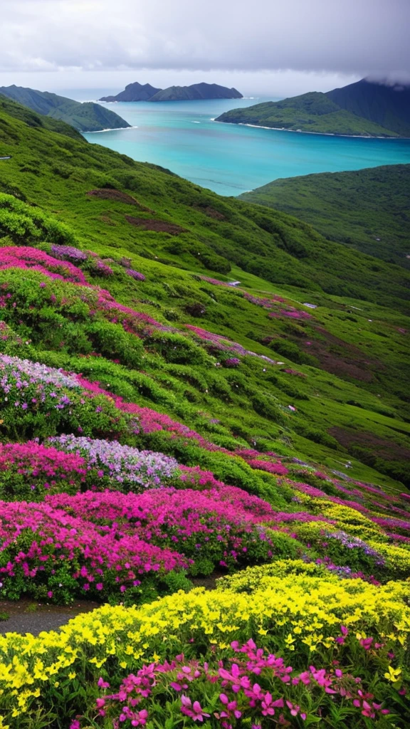 Southern Island　rain scenery　Colorful flowers are blooming