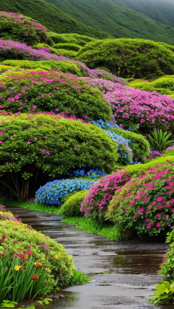Southern Island rain scenery Colorful flowers are blooming
