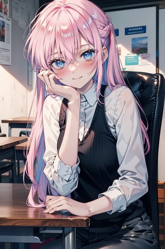 miyakoshikimori, miyako shikimori, Long Hair, blue eyes, Hair between the eyes, Pink Hair,ribbon, red ribbon,blush,smile,Open your mouth,Squint your eyes,black tank top shirt,Shorts,Sitting in a chair,There is food on the table,So that the whole body goes into the illustration,Resting one's chin on one's hand,
break looking at viewer,
break indoors, room,
break (masterpiece:1.2), Highest quality, High resolution, unity 8k wallpaper, (figure:0.8), (Beautiful attention to detail:1.6), Highly detailed face, Perfect lighting, Highly detailed CG, (Perfect hands, Perfect Anatomy),