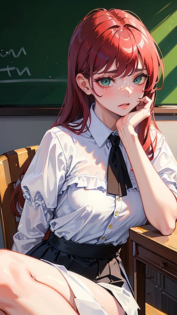 (high quality, 8k, 4K, high contrast, artwork:1.2, high quality, best aesthetics), (dynamic angle), ((1 woman)), , sensual, mature super detailed, beautiful face detailed, beautiful eyes detailed, detailed beautiful mouth, perfect breasts, wids, sexy body, caucasiared hair, long hair, long wavy hair, green eyes, long eyelashes, blushing, arrogant and dominant expression, sve, white dress shirt with black tie, short black skirt, sitting on top of a desk, classroom, green chalkboard in the background.