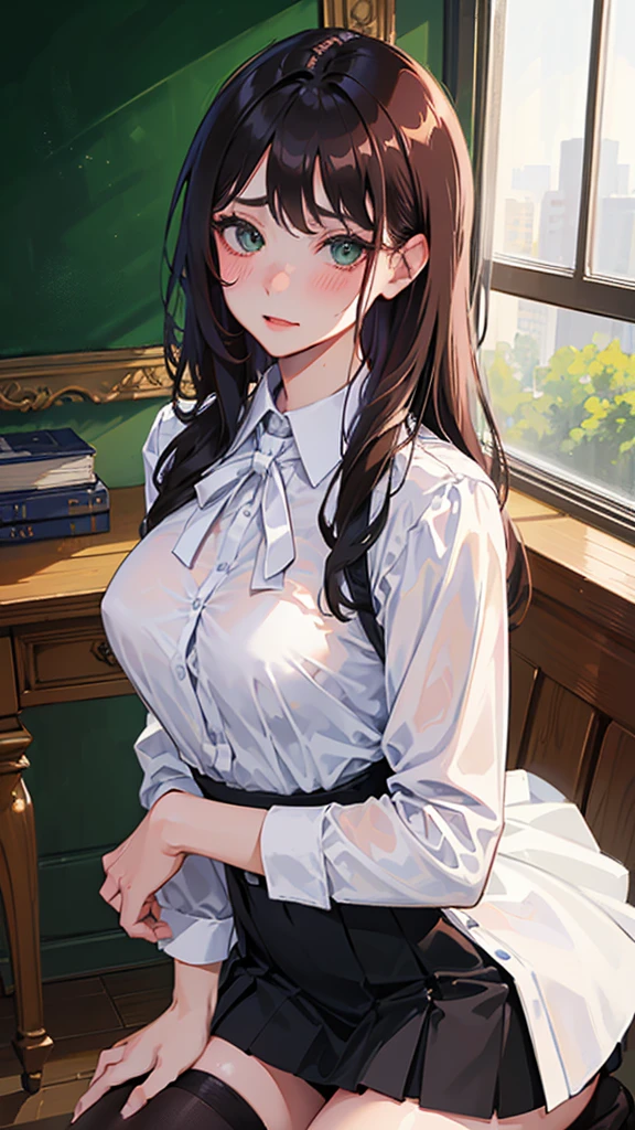 (high quality, 8k, 4K, high contrast, artwork:1.2, high quality, best aesthetics), (dynamic angle), ((1 woman)), erotic, sensual, mature body, super detailed, beautiful face detailed, beautiful eyes detailed, detailed beautiful mouth, perfect breasts, wide thighs, sexy body, caucasian, red hair, long hair, long wavy hair, green eyes, long eyelashes, blushing, arrogant and dominant expression, seductive, white dress shirt with black tie, short black skirt, sitting on top of a desk, classroom, green chalkboard in the background.