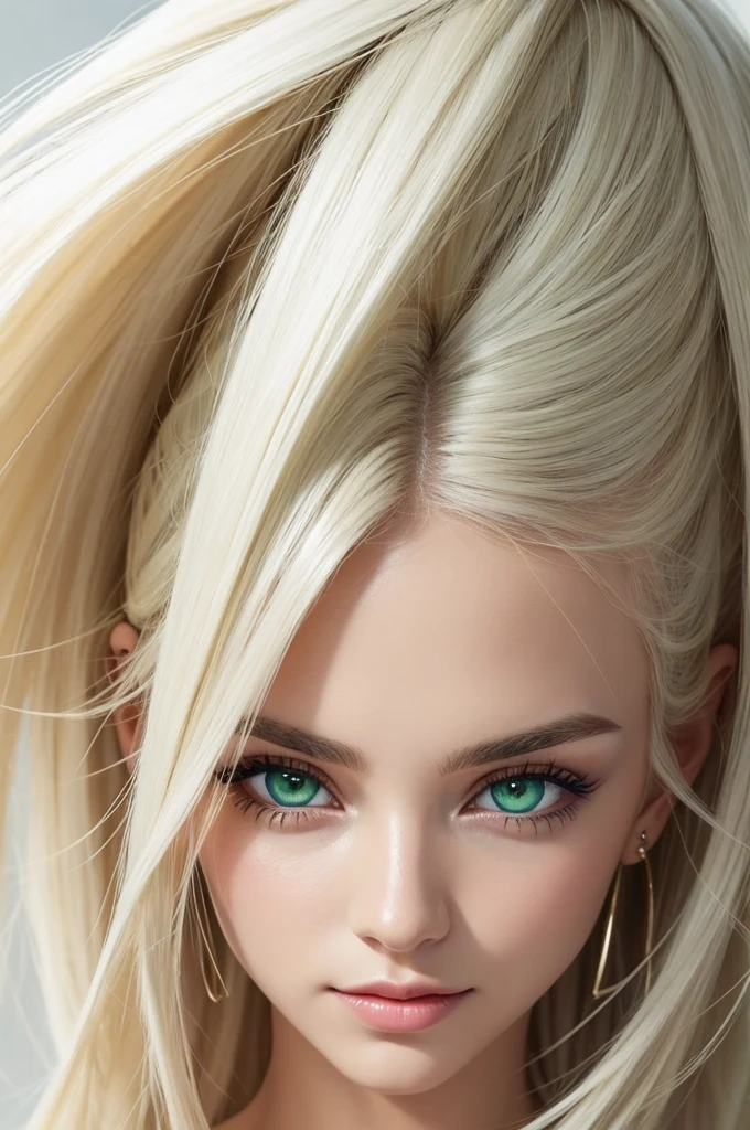 Create a photo of the face of a young Brazilian blonde millionaire woman with green eyes and white hair