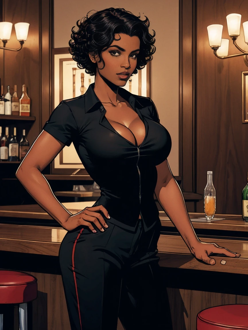 Cardinal, a gorgeous bartender woman with (dark skin, short curly black hair) wearing a black polo, tight slacks. Athletic, huge breasts, wide hips. Short curly black hair, mixing a drink. Confident. At a high-end bar, luxury hotel. cleavage.