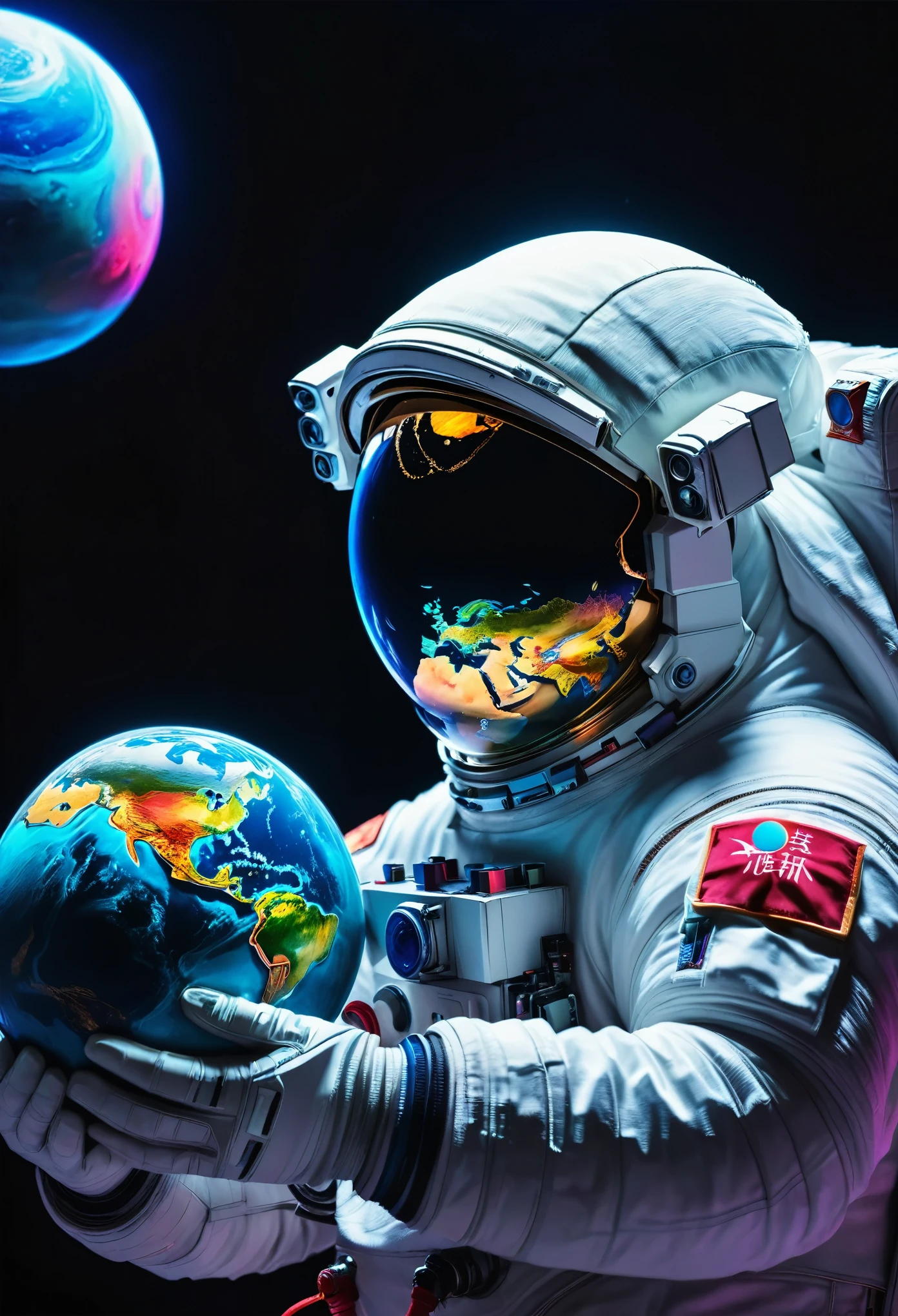 A Chinese astronaut holds a planet in his arms,close up,Glowing fluorescent feeling,Transparency,dream,Monet's color scheme,Texture Matte,high quality,High Definition,Rose red,blue,Neon light,black background,