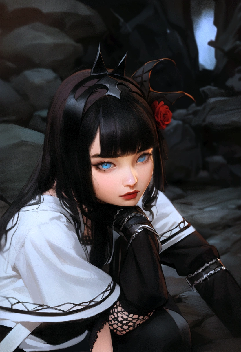 there is a woman with a black hair and a white shirt, anime style mixed with fujifilm, anime girl cosplay, artwork in the style of guweiz, 1 7 -  - old me goth girl, anime styled, she has black hair with bangs, anime inspired, dark goth queen with blue eyes, portrait of an anime girl, the anime girl is crouching