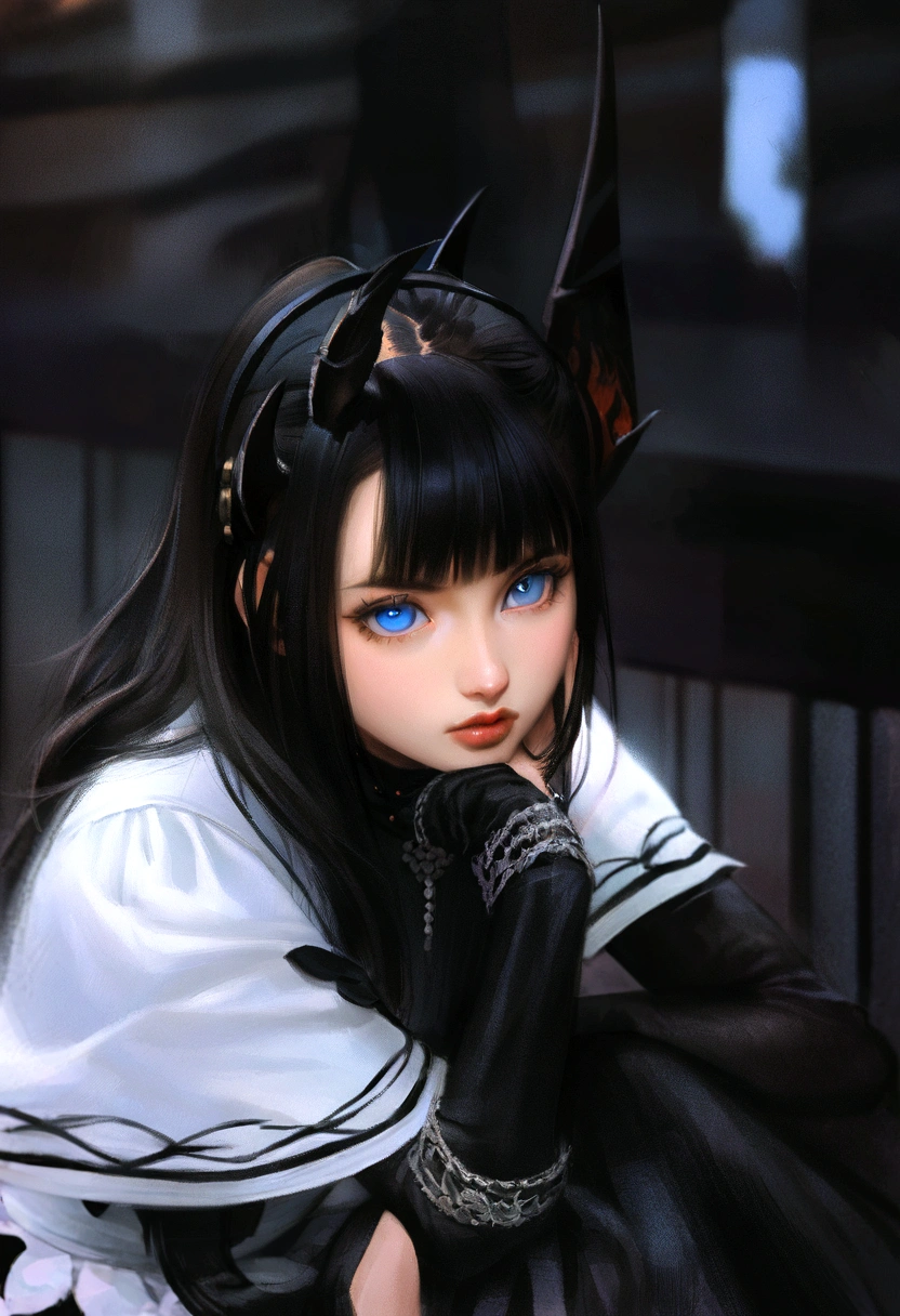 there is a woman with a black hair and a white shirt, anime style mixed with fujifilm, anime girl cosplay, artwork in the style of guweiz, 1 7 - year - old anime goth girl, anime styled, she has black hair with bangs, anime inspired, dark goth queen with blue eyes, portrait of an anime girl, the anime girl is crouching