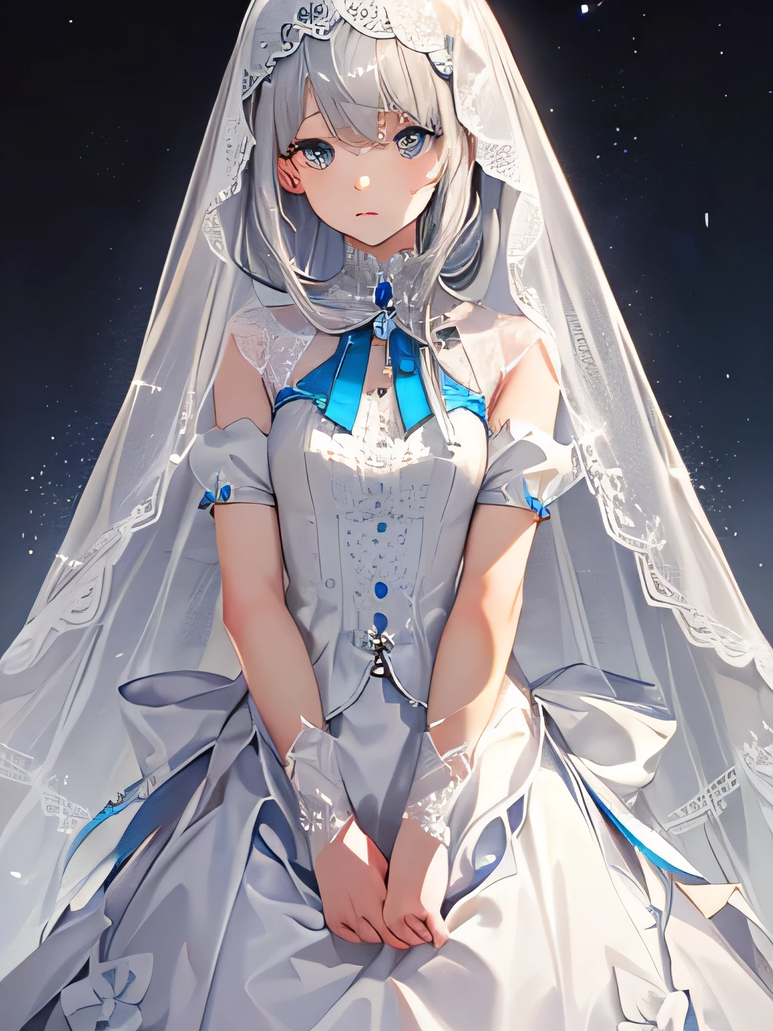 Silver hair, girl, standing, medium , using a white headscarf, blue pupils,half body image, using wedding dress, face veil