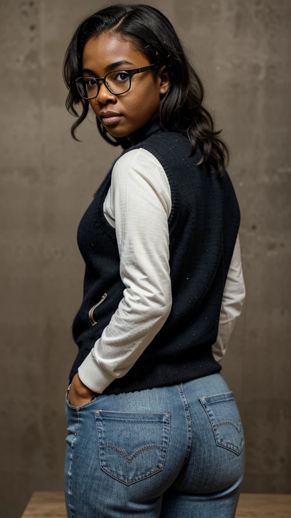 ((masterpiece)), ((best quality)), ((highres)), ((detailed background)), ((extremely detailed CG unity 8k wallpaper)), 1 girl standing straight, big butt, Create a 4K realistic image of a 17 year old black nerd woman, big butt, overweight, big butt

She has short black curly hair, shes a  nerdy black  , very curvy


Shes a black nerdy teenl wearing glasses, jeans, sweater, and vest

Dork, pocket protector, taped glasses, suspendors, jeans, sweater, vest, pocket protector 

Poindexter, geek, nerd, fat, dork, dweeb, loser 

Massive butt

Facing camera,


Older, milf, nerd, dork, glasses

Black  skin, teen, , g