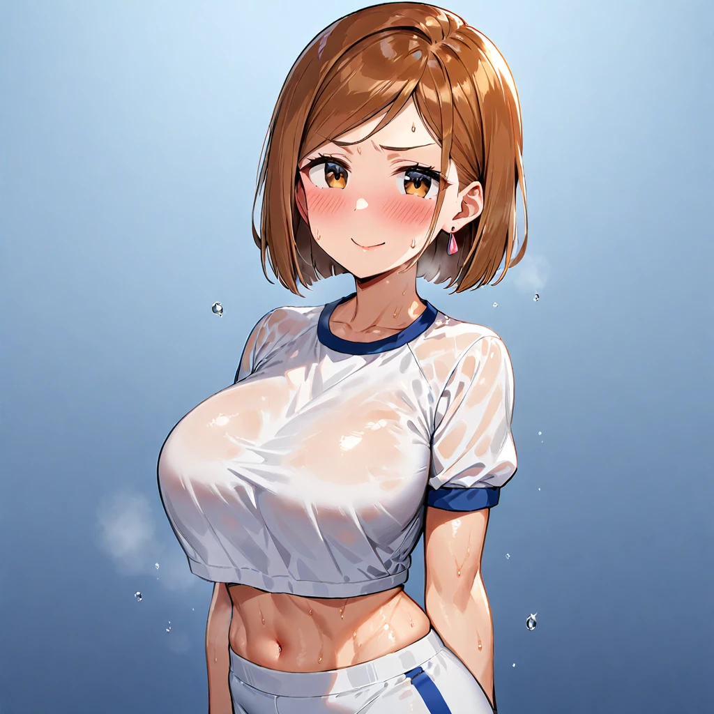 breasts, brown hair, 1girl, brown eyes, smile, large breasts, short hair, kugisaki nobara, shirt, looking at viewer, crop top, jewelry, earrings, white shirt, short sleeves, sweat, gym uniform, bangs, blue background , blush, collarbone, gradient background, midriff, shiny, gradient, ((medium quality)), ((medium quality))