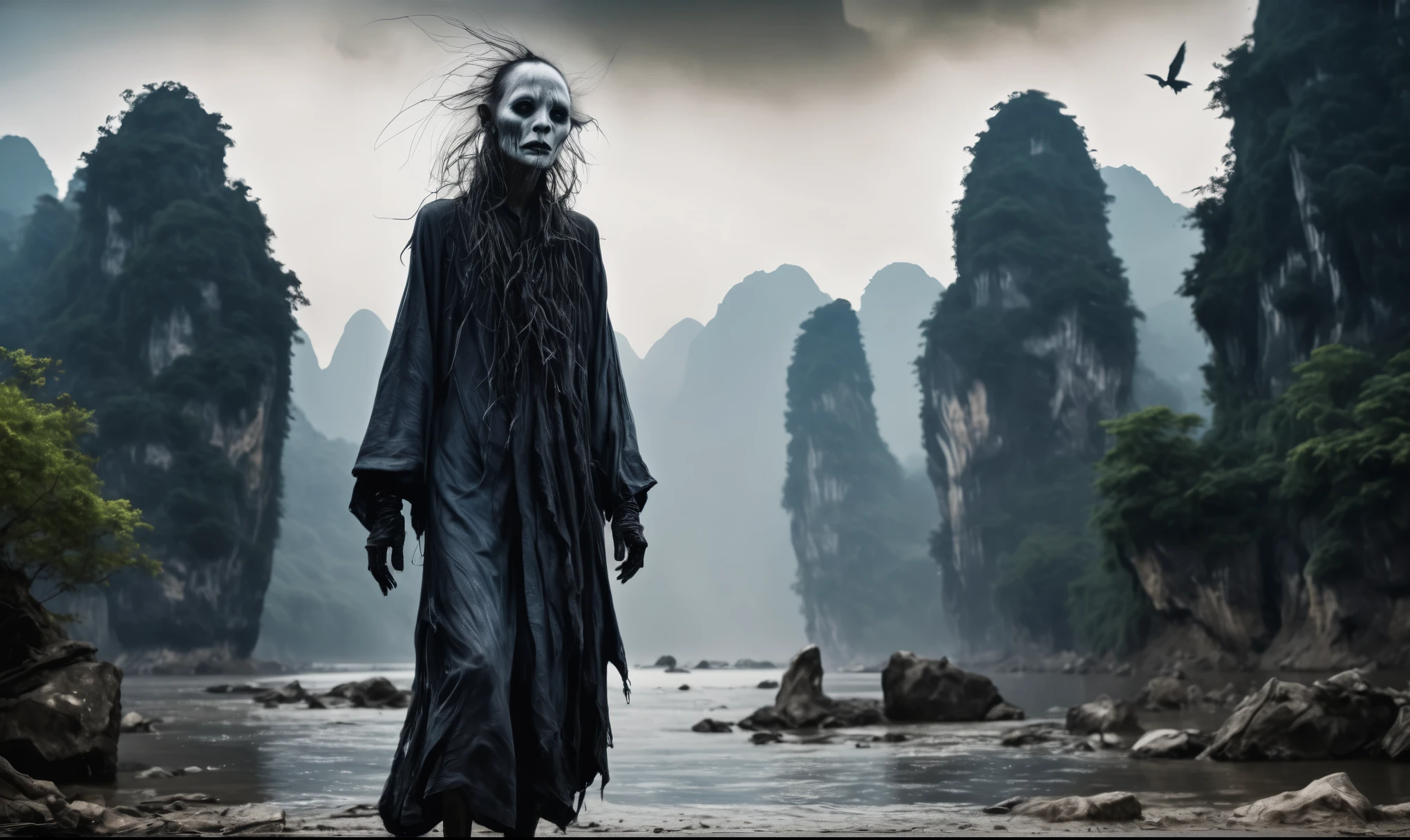 full body length shot,beggar graphite Manganite sparas, wants eat,survival in Korean city of future,Cinematic,soft colors, Technicolor,natural skin textures, hyper realism, hyper detailed,Extremely detailed,High contrast,Masterpiece,Realistic,Ultra Detailed, intricate details,realistic humid leather,extremely intricate,Epic Realistic, cinematic style,irina yermolova,high contrast,hdr,extremely detailed, [deep night landscape],masterpiece,intricate details,faded,eyes extremely detailed, high detailed eyes,16k resolution,RAW,retina, Nikon Z9,China,Songbird,orc,Li River in Guangxi Zhuang of China,tkt style, Pisces, pointed ears，perfect, ginger，transition between two art styles, Ink painting to photorealism, Double contact, X-ray, Creative, vivid light, masterpiece, fantasy, Abstract, Surrealism, super detailed, high resolution, stop:35,(((creature with a spectral and ghostly appearance)). Her skin is pale, almost translucent.strange wears dark, torn clothes that float around him, as if permeated by an aura of mourning. Its appearance is complemented by details such symbols of  gothic elements, further emphasizing its dark air. is portrayed as a haunted and tormented entity,{creature}