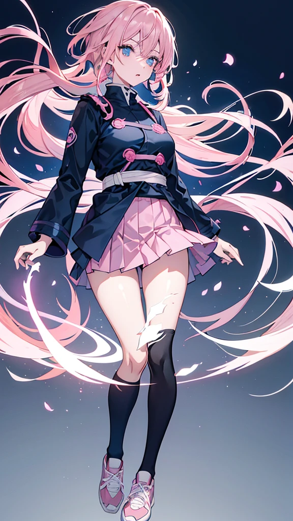 Anime JUJUTSU KAİSEN: girl with long light pink hair and light blue eyes wearing light pink lipstick wearing jujutsu kaisen uniform dark blue jacket, Dark Blue Skirt, black tights, Brown Shoe, with white cover on the body