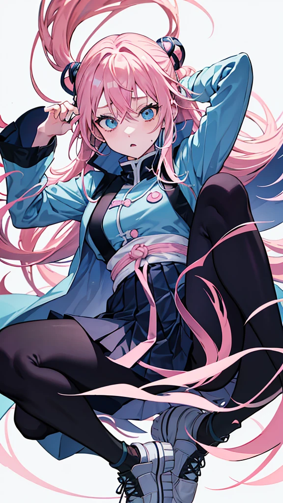 Anime JUJUTSU KAİSEN: girl with long light pink hair and light blue eyes wearing light pink lipstick wearing jujutsu kaisen uniform dark blue jacket, Dark Blue Skirt, black tights, Brown Shoe, with white cover on the body