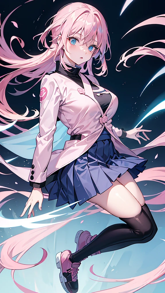Anime JUJUTSU KAİSEN: girl with long light pink hair and light blue eyes wearing light pink lipstick wearing jujutsu kaisen uniform dark blue jacket, Dark Blue Skirt, black tights, Brown Shoe, with white cover on the body