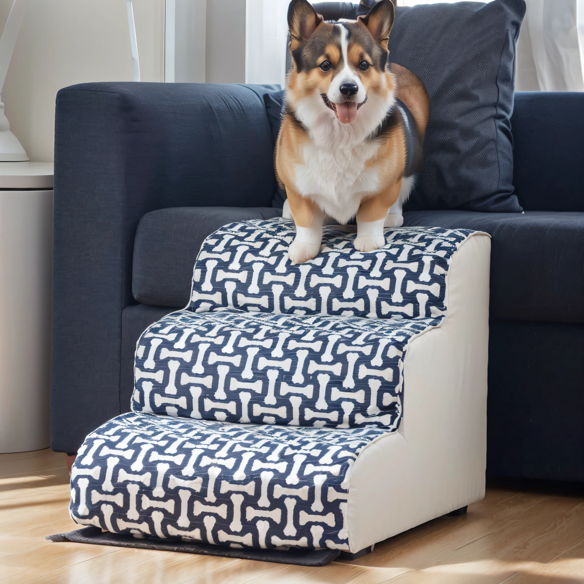pet, Corgi, dog, pace,A Corgi standing on the stairs,Warm indoor environment,Natural light and shadow,High-end,Product photography