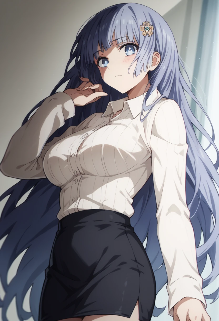 Score_9, Score_8_up, Score_7_up, anime_font, mikuizayoi, miku izayoi, bangs, blunt bangs, hime cut, hair topper, long hair, blue eyes, blue hair, blushing, dutch angle, cowboy photo, looking at viewer, alone, big breasts, White shirt, neckline, long sleeves, pencil skirt, black skirt,