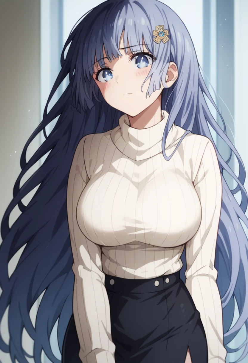 Score_9, Score_8_up, Score_7_up, anime_font, mikuizayoi, miku izayoi, bangs, blunt bangs, hime cut, hair topper, long hair, blue eyes, blue hair, blushing, dutch angle, cowboy photo, looking at viewer, alone, big breasts, White shirt, neckline, long sleeves, pencil skirt, black skirt,