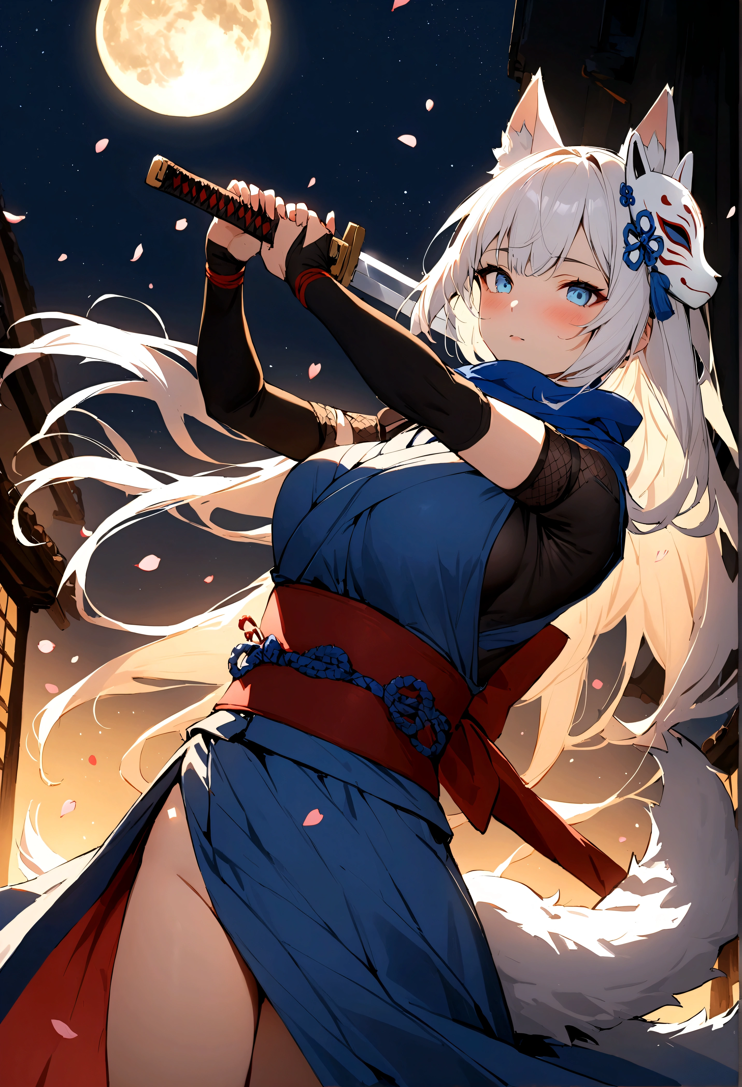 (masterpiece, best quality:1.2), 1girl, 独奏,Wolf girl, fox mask, ninja, girl, long white hair, odd eyes, blue kimono, ninja girl, red and blue scarf,Dancing Cherry Blossoms,Full moon backlighting, light coming in, fantastic atmosphere. Holding a small sword、Cutting action、Shining starry sky、Light shining into pitch black darkness、Shining Sword