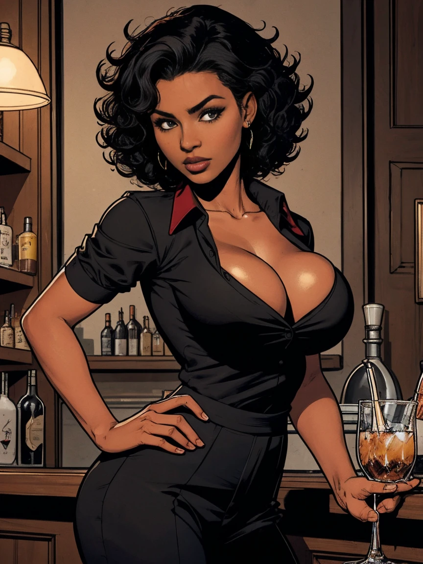 Cardinal, a gorgeous bartender woman with (dark skin, short curly black hair) wearing a black polo, tight slacks. Athletic, huge breasts, wide hips. Short curly black hair, mixing a drink. Confident. At a high-end bar, luxury hotel. cleavage.
