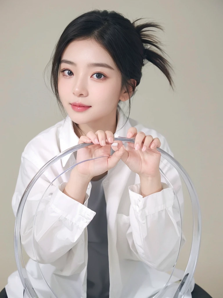 (original photography、Top quality)、(Realist、Realism:1.3)、masterpiece、Extremely refined、a very detailed、CG、Unite、8K、amazing、Details、Ultra Detailed、High resolution、absurd、Soft Light、(A black-haired one、Medium Length Hair、Bangs)、Detail of beautiful girl、Detailed fingers、Extremely detailed eyes and face、Beautiful and delicate nose、Beautiful and delicate eyes、(Glow on the face)、Looking at the audience、(close)Mouth:1.2)、1 girl、Kawaii、young、adult face、White skin、(Half body:1.3、seat)、(Mid-chest)、Lifelike face、Realistic body、Beautiful thighs、(ulzzang-6500-v1.1: 0.6)、Black shirt、Parka、(Half-smile:1.3)