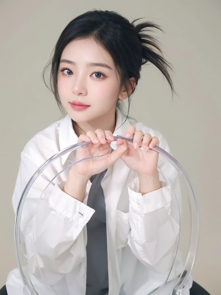 (original photography、Top quality)、(Realist、Realism:1.3)、masterpiece、Extremely refined、a very detailed、CG、Unite、8K、amazing、Details、Ultra Detailed、High resolution、absurd、Soft Light、(A black-haired one、Medium Length Hair、Bangs)、Detail of beautiful girl、Detailed fingers、Extremely detailed eyes and face、Beautiful and delicate nose、Beautiful and delicate eyes、(Glow on the face)、Looking at the audience、(close)Mouth:1.2)、1 girl、Kawaii、young、adult face、White skin、(Half body:1.3、seat)、(Mid-chest)、Lifelike face、Realistic body、Beautiful thighs、(ulzzang-6500-v1.1: 0.6)、Black shirt、Parka、(Half-smile:1.3)