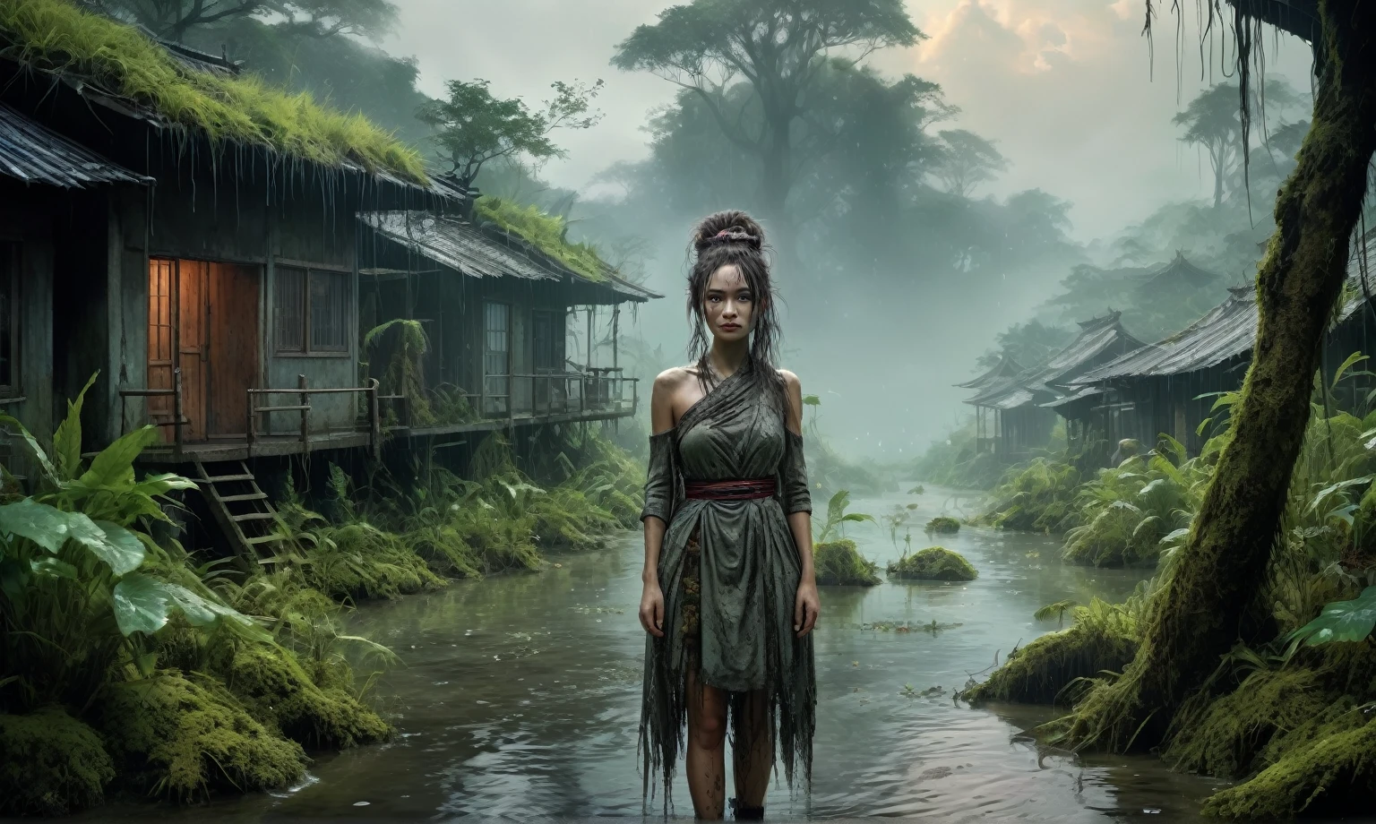 heght view on himera babygirl assassin,elf,pretty face,eyebrow up,full body shot,ominous landscape,glate gray atmosphere,prime colors,wariza,extremely detailed, [night],masterpiece,intricate details,faded,eyes extremely detailed, high detailed eyes,4k resolution,RAW, Nikon Z9,scary swamp beach,family nudism,view from height,The Walking Dead,native japan dead city,modern London,swamp,jungle,witch,hard rain,Smiling,Bun Hair,(Folk clothes:1.5), long dress, pronounced feminine feature, insane details, intricate details, hyper-detailing, Complex background, ,full-body-shot,Very tall, Cinematic,Muted colors, Technicolor,natural skin textures, hyper realisitc, hyper detailed,Extremely detailed,High contrast,Masterpiece,Realistic,Ultra Detailed,intricate details,realistic humid skin,extremly intricate,Epic Realistic, Romantic, cinematic style,by art irina yermolova,orc, messy hair,luminous eyes,extremely detailed, [night landscape],masterpiece,intricate details,faded,eyes extremely detailed, high detailed eyes,4k resolution,RAW, Nikon Z9,by jimmy chin,by art Simon Stalenhag,Nicola Samori,Wangechi Mutu,Lisa Frank,mystical forest lagoon, dreamy scene, Indonesia National Geographic, in a serene landscape, Mystical scene, Mysterious lake, Beautiful Vietnamese jungle, mystical setting, beautiful setting, serene environment, Early morning light, stunning atmosphere, morning river, enchanting and otherworldly, lost in a dreamy fairy landscape
