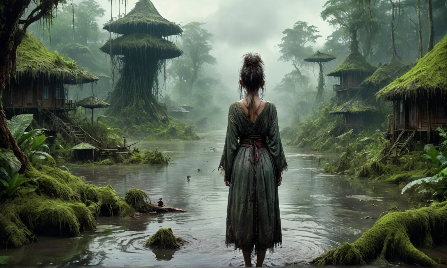 heght view on himera babygirl assassin,elf,pretty face,eyebrow up,full body shot,ominous landscape,glate gray atmosphere,prime colors,wariza,extremely detailed, [night],masterpiece,intricate details,faded,eyes extremely detailed, high detailed eyes,4k resolution,RAW, Nikon Z9,scary swamp beach,family nudism,view from height,The Walking Dead,native japan dead city,modern London,swamp,jungle,witch,hard rain,Smiling,Bun Hair,(Folk clothes:1.5), long dress, pronounced feminine feature, insane details, intricate details, hyper-detailing, Complex background, ,full-body-shot,Very tall, Cinematic,Muted colors, Technicolor,natural skin textures, hyper realisitc, hyper detailed,Extremely detailed,High contrast,Masterpiece,Realistic,Ultra Detailed,intricate details,realistic humid skin,extremly intricate,Epic Realistic, Romantic, cinematic style,by art irina yermolova,orc, messy hair,luminous eyes,extremely detailed, [night landscape],masterpiece,intricate details,faded,eyes extremely detailed, high detailed eyes,4k resolution,RAW, Nikon Z9,by jimmy chin,by art Simon Stalenhag,Nicola Samori,Wangechi Mutu,Lisa Frank,mystical forest lagoon, dreamy scene, Indonesia National Geographic, in a serene landscape, Mystical scene, Mysterious lake, Beautiful Vietnamese jungle, mystical setting, beautiful setting, serene environment, Early morning light, stunning atmosphere, morning river, enchanting and otherworldly, lost in a dreamy fairy landscape
