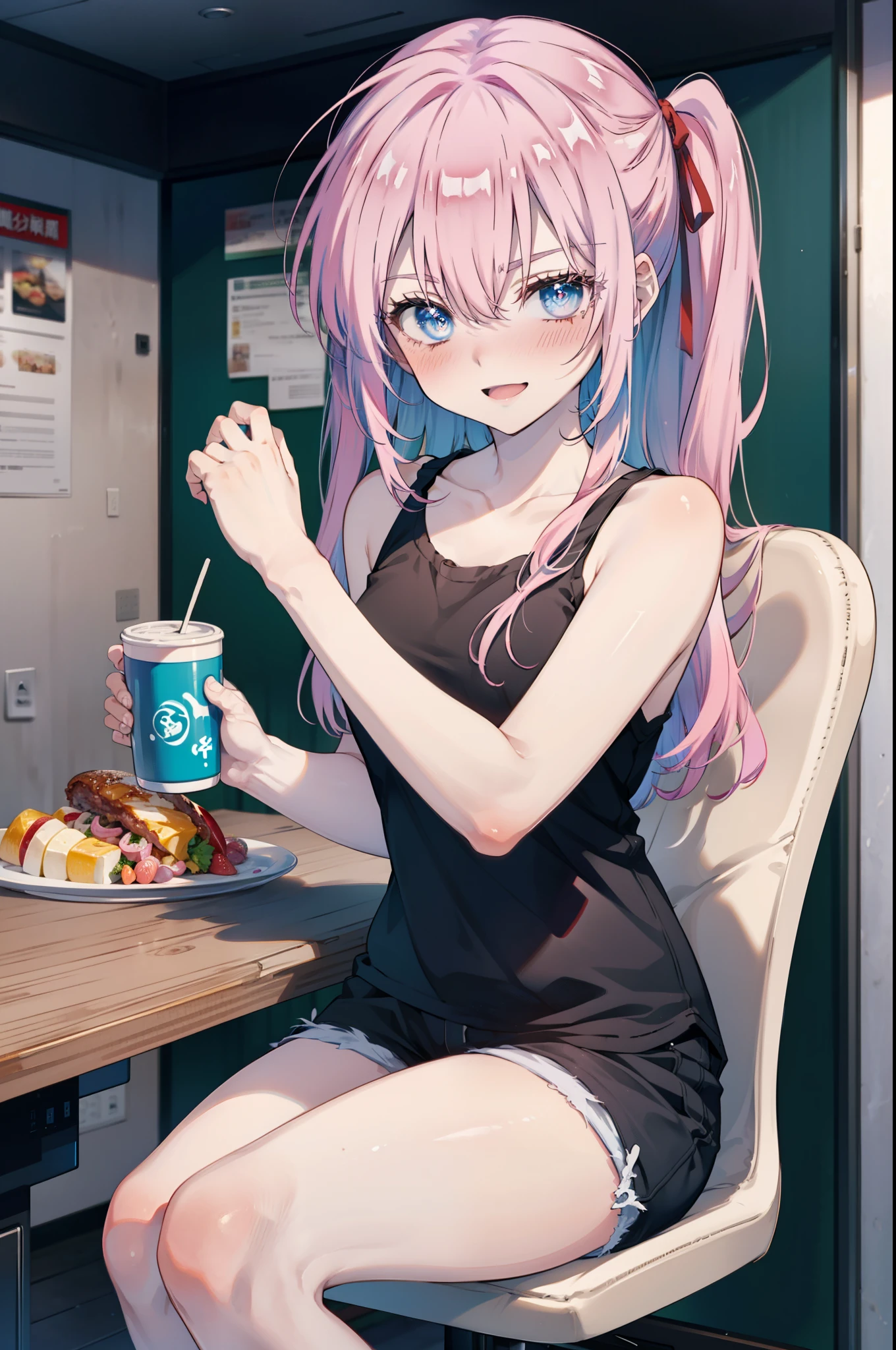 miyakoshikimori, miyako shikimori, Long Hair, blue eyes, Hair between the eyes, Pink Hair,ribbon, red ribbon,blush,smile,Open your mouth,Squint your eyes,black tank top shirt,Shorts,Sitting in a chair,There is food on the table,So that the whole body goes into the illustration,Resting one&#39;s chin on one&#39;s hand,
break looking at viewer,
break indoors, room,
break (masterpiece:1.2), Highest quality, High resolution, unity 8k wallpaper, (figure:0.8), (Beautiful attention to detail:1.6), Highly detailed face, Perfect lighting, Highly detailed CG, (Perfect hands, Perfect Anatomy),