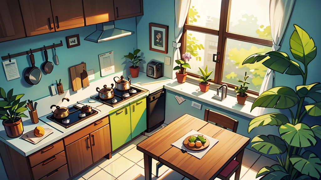 There is a kitchen, bright sunny, some plants, non-center table